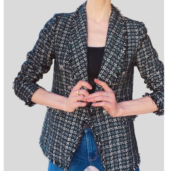 RACHEL ZOE Green & Black Textured Boucle Tweed Fringe Blazer Suit Jacket M - Picture 5 of 15